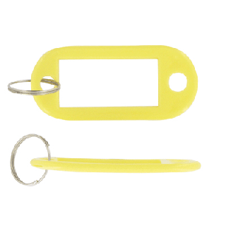 Porte clef jaune avec étiquette